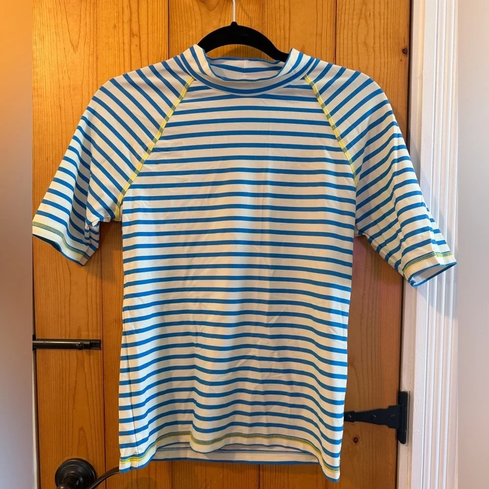 Johnnie B Blue and White Striped Short Sleeve Rash Guard EUC
